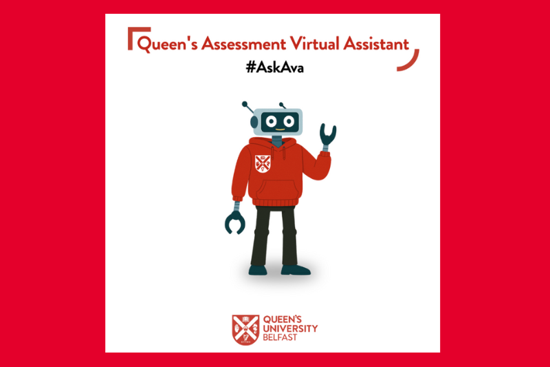 graphic on red background showing Queen's University Belfast-branded chatbot with wording above